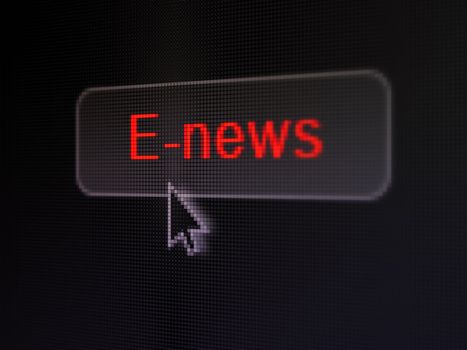 News concept: pixelated words E-news on button with Arrow cursor on digital computer screen background, selected focus 3d render