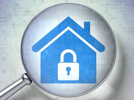 Safety concept: magnifying optical glass with Home icon on digital background, 3d render