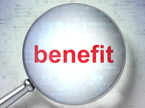 Business concept: magnifying optical glass with words Benefit on digital background, 3d render