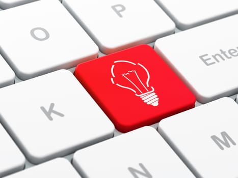 Finance concept: computer keyboard with Light Bulb icon on enter button background, selected focus, 3d render