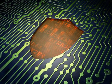 Safety concept: circuit board with Shield icon, 3d render