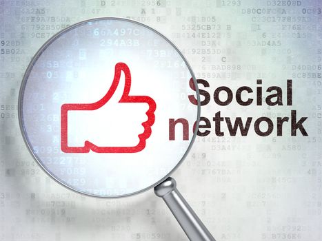 Social network concept: magnifying optical glass with Like icon and Social Network word on digital background, 3d render