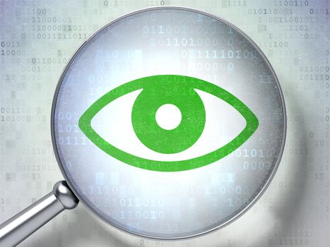 Protection concept: magnifying optical glass with Eye icon on digital background, 3d render