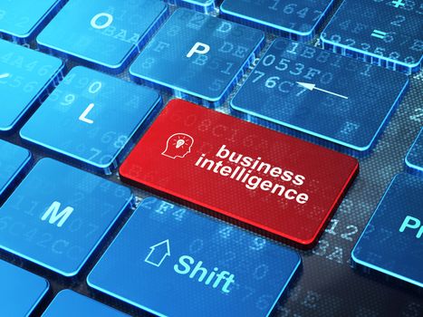 Finance concept: computer keyboard with Head With Lightbulb icon and word Business Intelligence on enter button background, 3d render