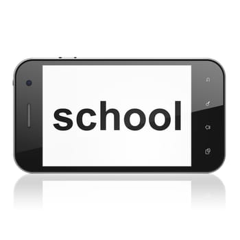 Education concept: smartphone with text School on display. Mobile smart phone on White background, cell phone 3d render