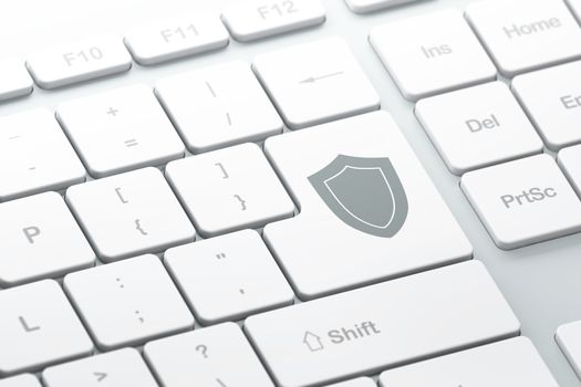 Protection concept: enter button with Shield on computer keyboard background, 3d render, selected focus