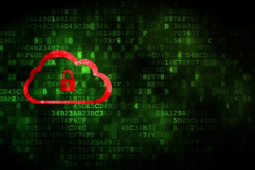 Cloud networking concept: pixelated Cloud With Padlock icon on digital background, empty copyspace for card, text, advertising, 3d render