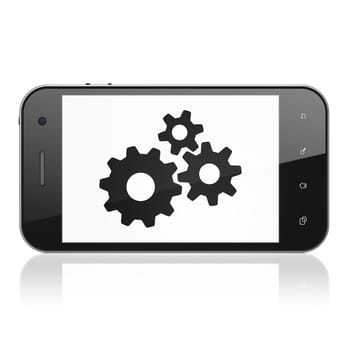 Advertising concept: smartphone with Gears icon on display. Mobile smart phone on White background, cell phone 3d render