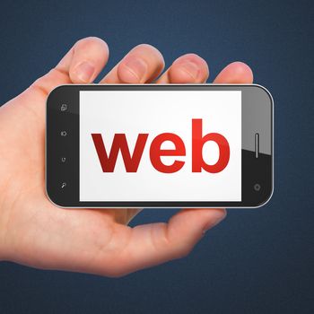 SEO web design concept: hand holding smartphone with word Web on display. Mobile smart phone in hand on Blue background, 3d render