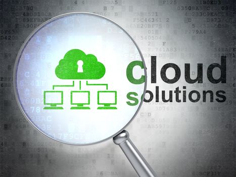 Cloud computing concept: magnifying optical glass with Cloud Network icon and Cloud Solutions word on digital background, 3d render