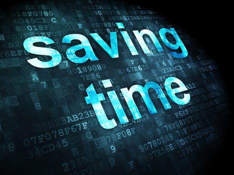 Timeline concept: pixelated words Saving Time on digital background, 3d render