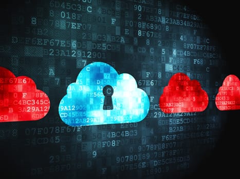 Cloud networking concept: pixelated Cloud With Keyhole icon on digital background, 3d render