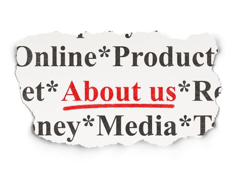 Advertising concept: torn newspaper with words About Us on Paper background, 3d render