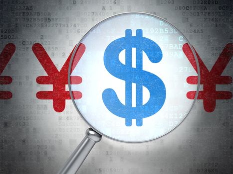 Currency concept: magnifying optical glass with Dollar And Yen icons on digital background, 3d render