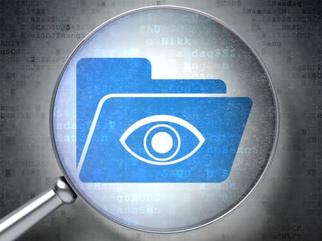 Business concept: magnifying optical glass with Folder With Eye icon on digital background, 3d render