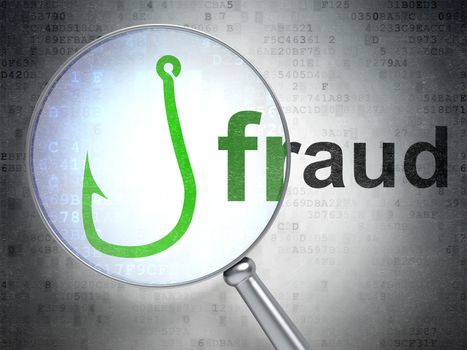 Privacy concept: magnifying optical glass with Fishing Hook icon and Fraud word on digital background, 3d render