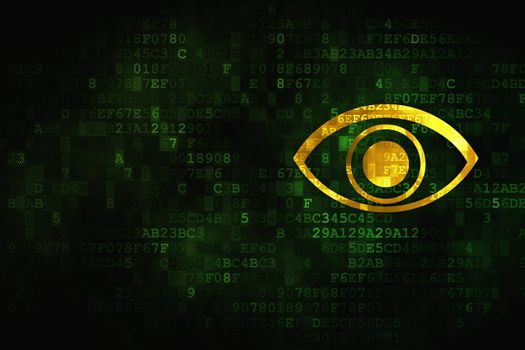Protection concept: pixelated Eye icon on digital background, empty copyspace for card, text, advertising, 3d render