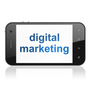 Advertising concept: smartphone with text Digital Marketing on display. Mobile smart phone on White background, cell phone 3d render