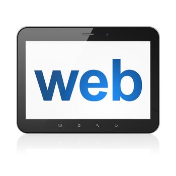 Web design concept: black tablet pc computer with text Web on display. Modern portable touch pad on White background, 3d render