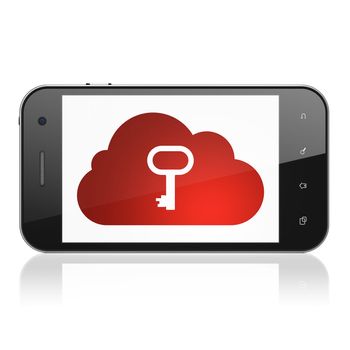 Cloud computing concept: smartphone with Cloud With Key icon on display. Mobile smart phone on White background, cell phone 3d render