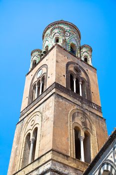 the bell tower of Amalfi Cathedral, Italy. 9th-century Roman Catholic structure. It is dedicated to the Apostle Saint Andrew.