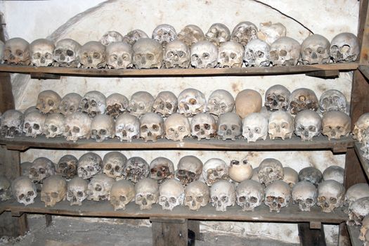 Skulls of deceased monks in Hilandar Monastery on Mount Athos in Greece