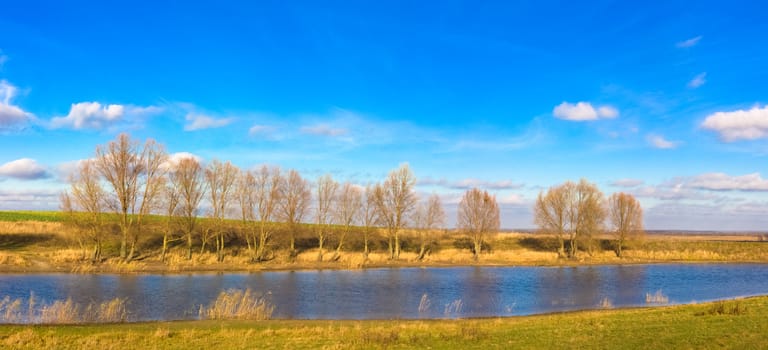 Autumn Landscape Of River And Trees And Bushes