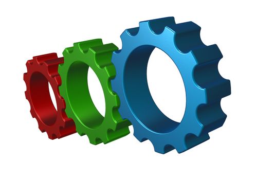 gear wheels in rgb colors on white background - 3d illustration
