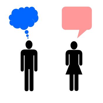 Black symbol of man thinking and woman talking in white background