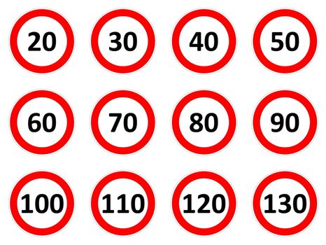 Speed limitation road signs in white background