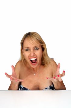 Studio close-up of a lovely blonde screaming.  Isolated on a white background with generous copyspace.