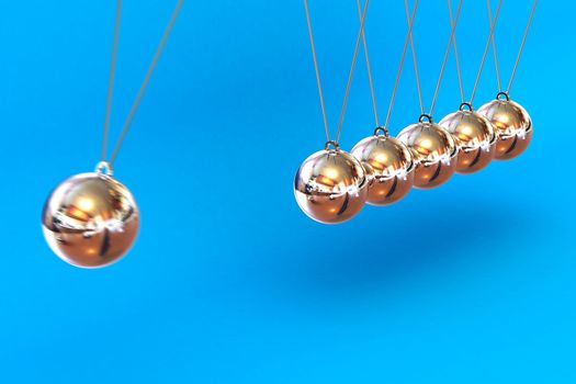 A Colourful 3d Rendered Newtons Cradle Illustration on a Blue Background