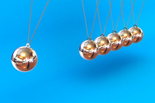 A Colourful 3d Rendered Newtons Cradle Illustration on a Blue Background