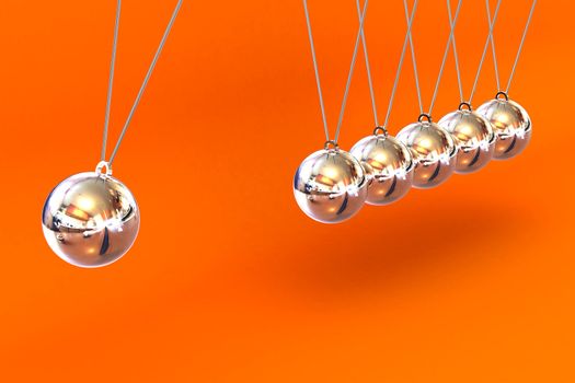 A Colourful 3d Rendered Newtons Cradle Illustration against an orange background