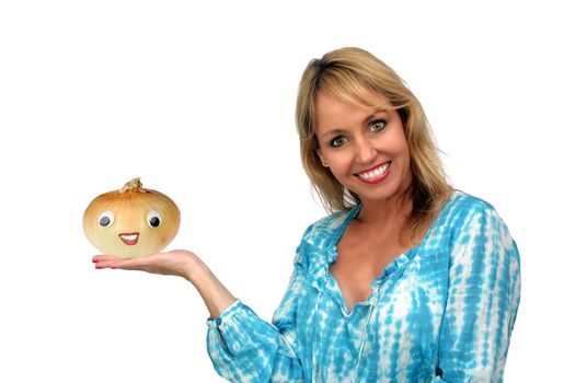 A lovely blonde holds a smiling anthropomorphic onion.  Isolated on a white background.