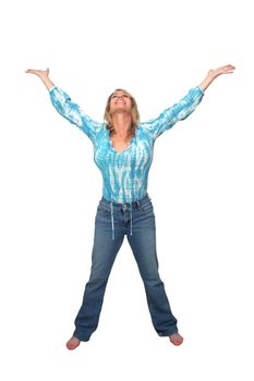 A lovely, busty, and excited blonde has her hands raised.  Isolated on a white background.