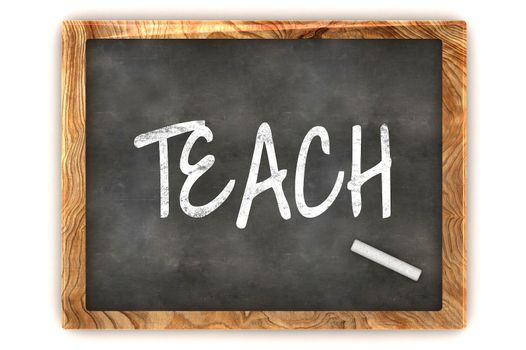 A Colourful 3d Rendered Concept Illustration showing "Teach" writen on a Blackboard with white chalk