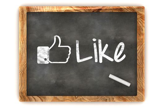 A Colourful 3d Rendered Concept Illustration showing "Like us", as used on social networks writen on a Blackboard with white chalk