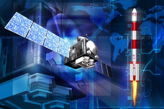 Digital illustration of rocket in digital background