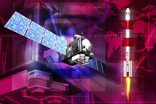Digital illustration of satelite with rocket in digital background