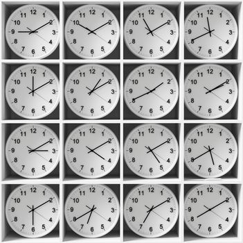 clocks on the white shelves, showing different time zones