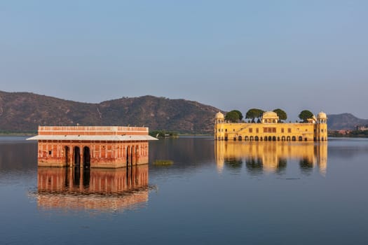 Rajasthan landmark - Jal Mahal (Water Palace) on Man Sagar Lake on sunset.  Jaipur, Rajasthan, India