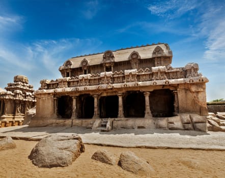 Five Rathas - ancient Hindu monolithic Indian rock-cut architecture. Mahabalipuram, Tamil Nadu, South India