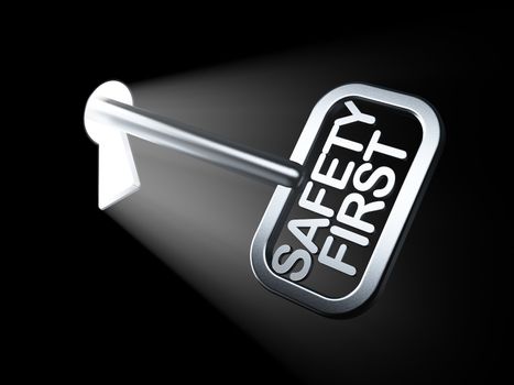 Security concept: Safety First on key in keyhole, 3d render
