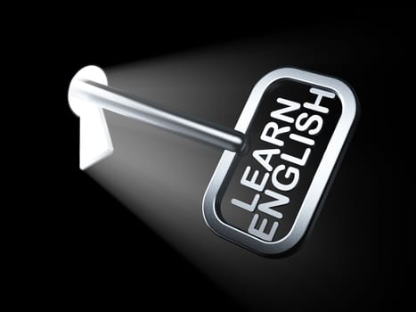Education concept: Learn English on key in keyhole, 3d render