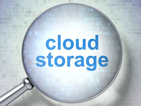 Magnifying optical glass with words Cloud Storage on digital background, 3d render