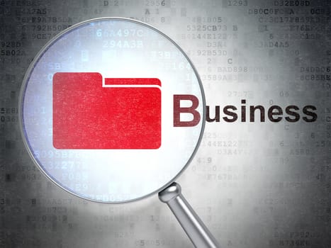 Magnifying optical glass with Folder icon and "Business" word on digital background, 3d render