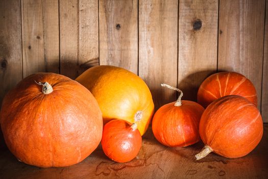 Pumpkins on grunge wooden backdrop, background table. Autumn, halloween, pumpkin, copyspace