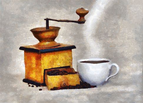 Antique coffee grinder with coffee beans an cup of hot black coffee - photo - digitally altered