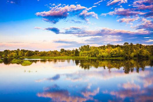 Lake Landscape In Summer With Sky and clouds